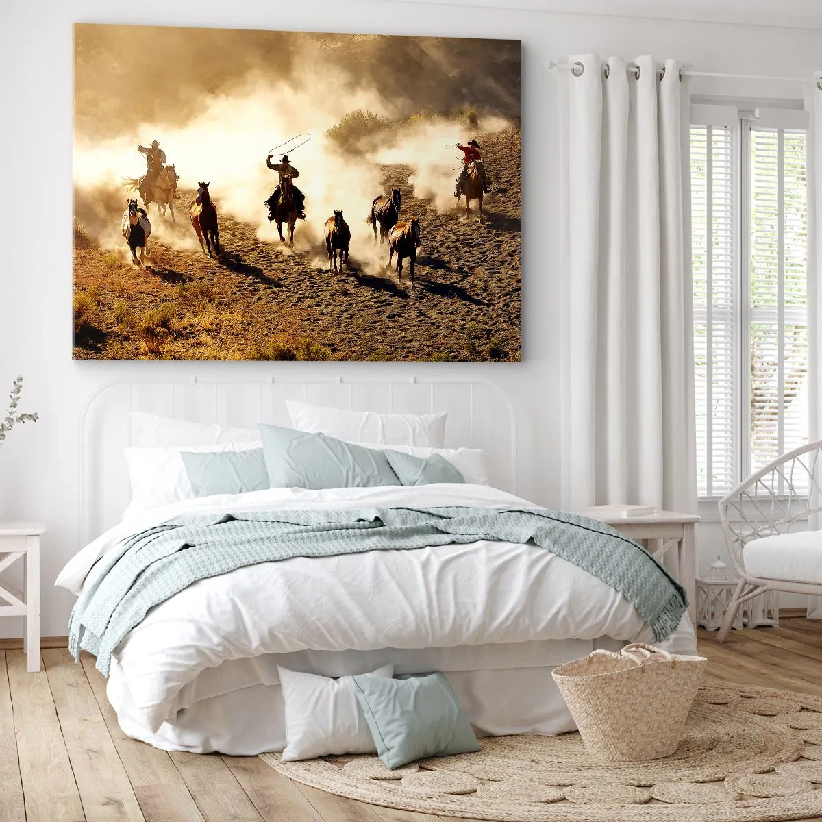 Obraz na plátne - Kovboji na koňoch v akcii v púštnom teréne - 70x50cm - Skutočne divoký západ - Moderná nástenná dekorácia do obývacej izby a spálne ARTTOR