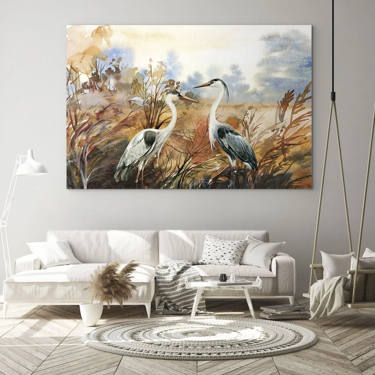 Obraz na skle - Dva žeriavy v jesennej krajine maľované akvarelom - 70x50cm - Kam na jeseň? - Moderná nástenná dekorácia do obývacej izby a spálne ARTTOR