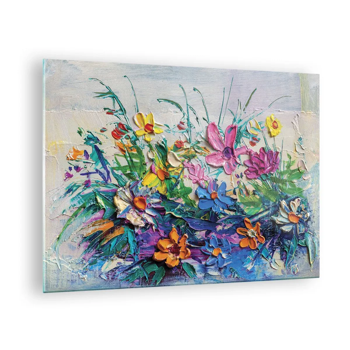 Obraz na skle - Farebný kvetinový aranžmán v maliarskom štýle - 70x50cm - Vôbec nie zátišie - Moderná nástenná dekorácia do obývacej izby a spálne ARTTOR
