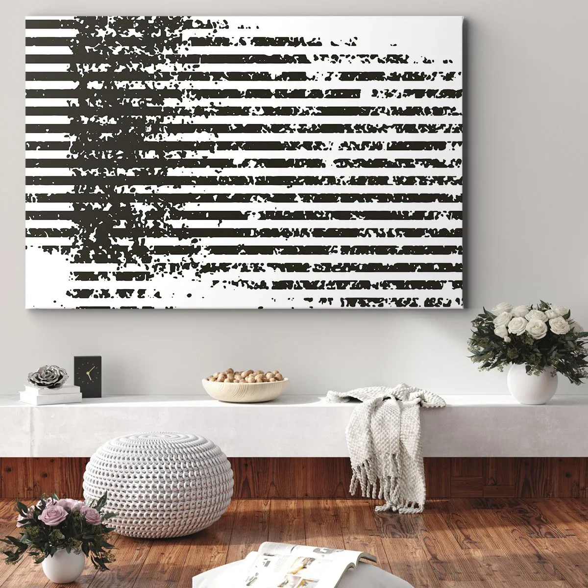 Obraz na plátne - Abstraktné čiary s efektom poškodenia v čiernej a bielej farbe - 70x50cm - Rytmus a šum - Moderná nástenná dekorácia do obývacej izby a spálne ARTTOR