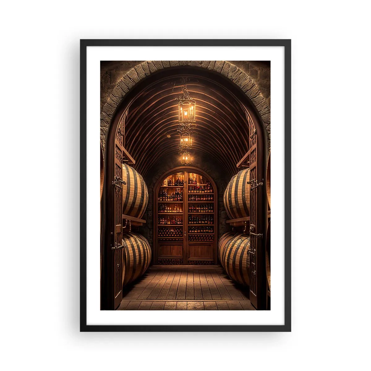 Plagát v čiernom ráme - Elegantná vínna pivnica s drevenými sudmi - 50x70cm - Nádherná pivnica - Moderná nástenná dekorácia do obývacej izby a spálne ARTTOR