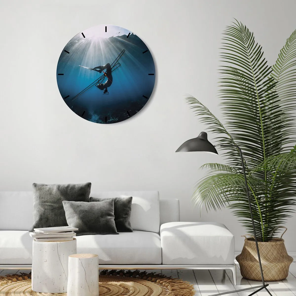Nástenné hodiny - Silueta ženy plávajúcej vo vode v slnečných lúčoch - 30x30cm - Podvodný tanec - Moderná nástenná dekorácia do obývacej izby, kuchyne a spálne ARTTOR
