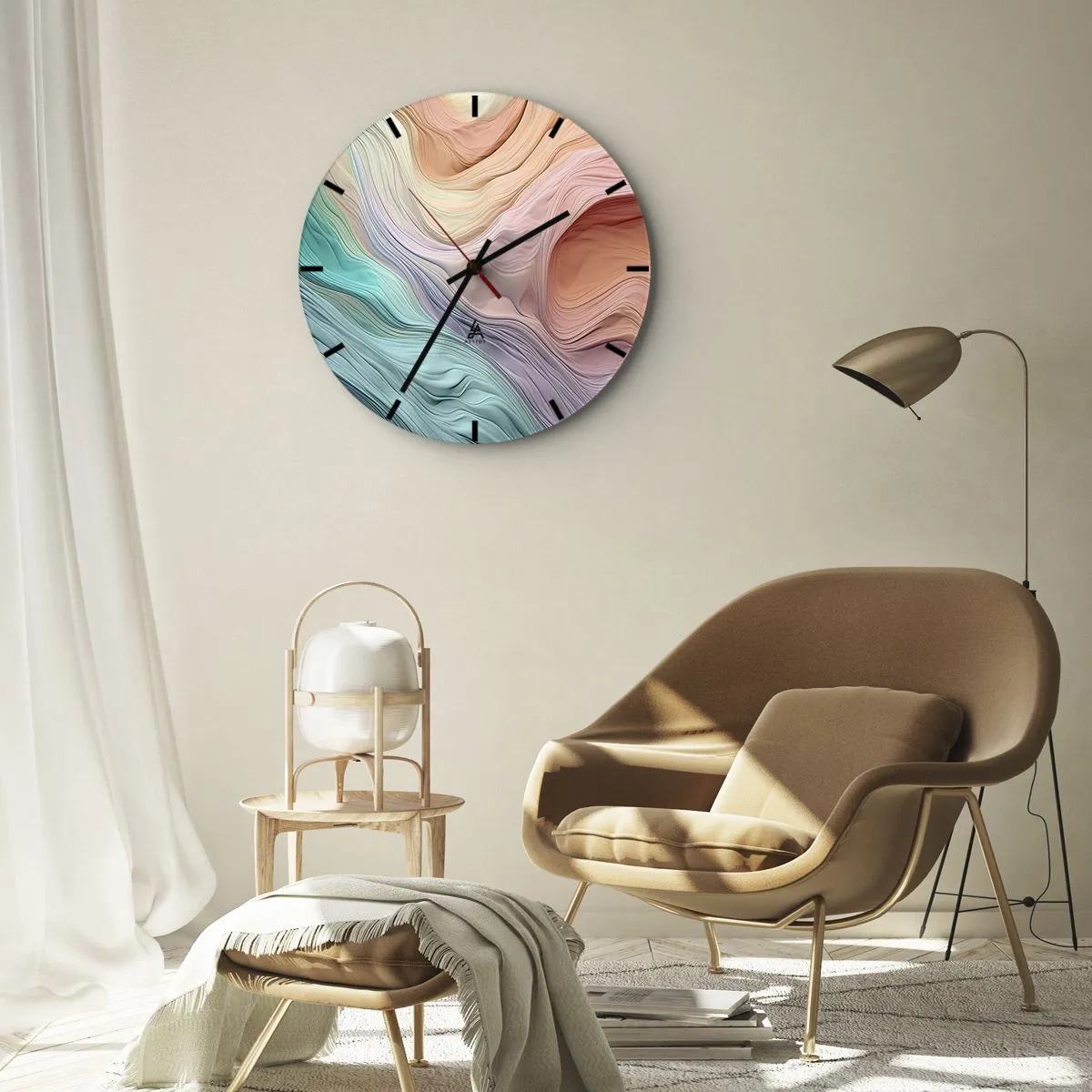 Nástenné hodiny - Farebné vrstvy pripomínajúce marťanskú krajinu - 30x30cm - Dúhová vlna - Moderná nástenná dekorácia do obývacej izby, kuchyne a spálne ARTTOR