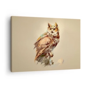 Obraz na plátne - Umelecký portrét sovy na svetlom pozadí v teplých odtieňoch. - 70x50cm - Najmúdrejšia sova - potvrdí to aj les - Moderná nástenná dekorácia do obývacej izby a spálne ARTTOR