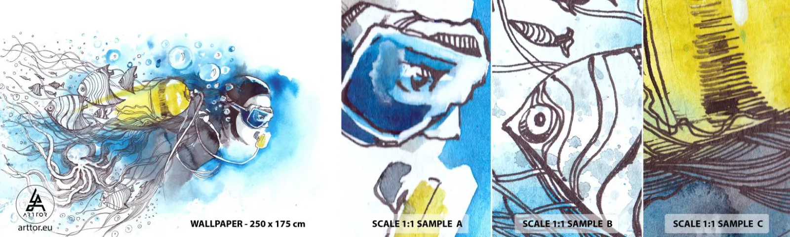 Vzorka samolepiacej fototapety Deluxe Sticker - Veľká modrá - Potápanie, Ryby, Šport - 100x30 cm