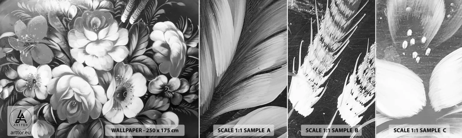 Vzorka samolepiacej fototapety Deluxe Sticker - Krásne dokonca v šedej - Abstrakcia, Kvety, Kus - 100x30 cm