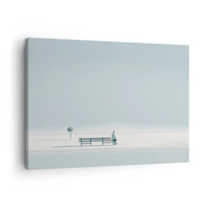 Obraz na plátne - Osoba sediaca na lavičke v minimalistickej krajine - 70x50cm - Áno, čakám. - Moderná nástenná dekorácia do obývacej izby a spálne ARTTOR