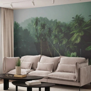 Fototapeta Standard Eco - Visutý most v tropickej džungli obklopený hmlou. - 100x70cm - Pri vodopáde zelene - Moderná nástenná dekorácia do obývacej izby a spálne ARTTOR