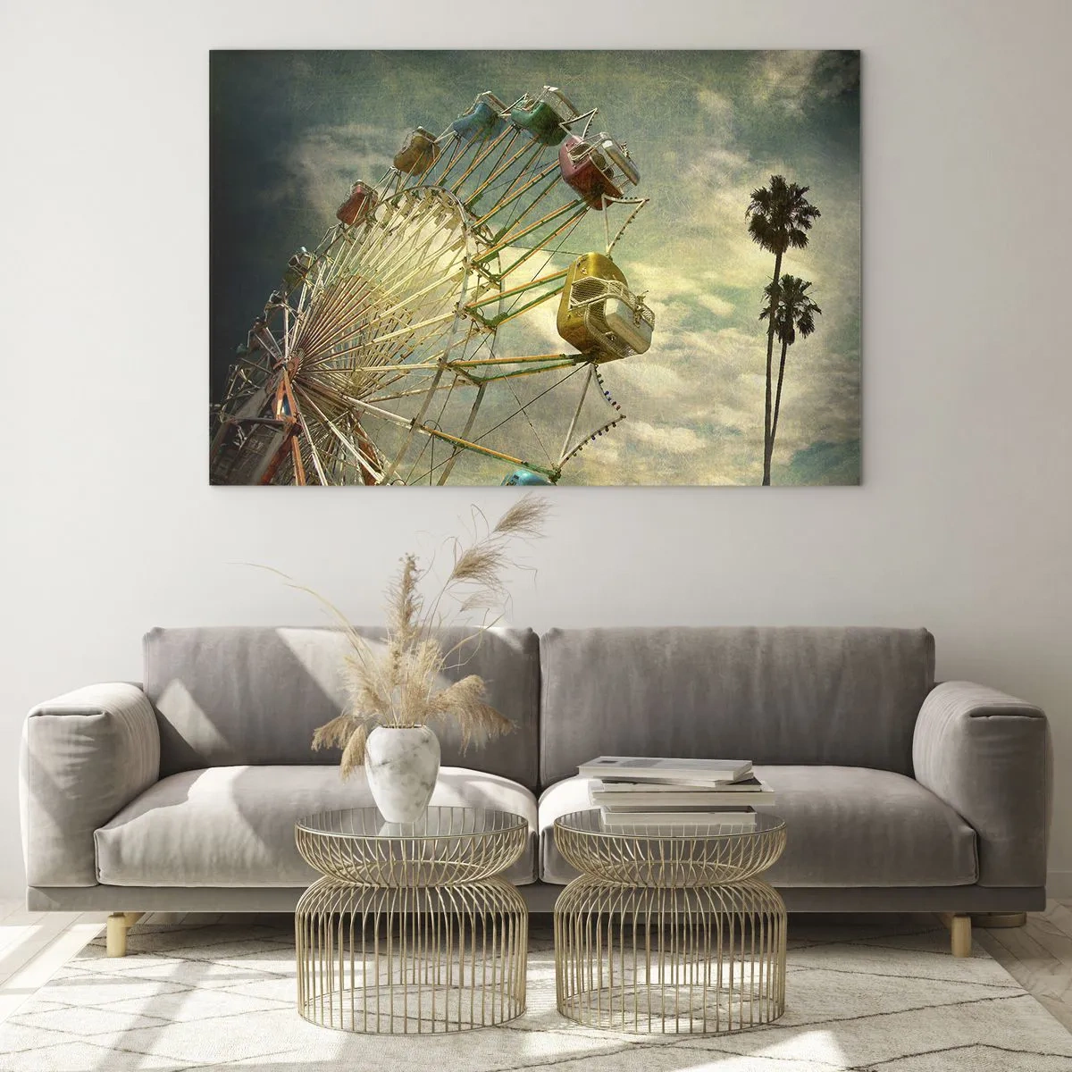 Obraz na skle - Ruské koleso proti oblohe a palmám v retro štýle - 70x50cm - Bude, bude zábava… - Moderná nástenná dekorácia do obývacej izby a spálne ARTTOR