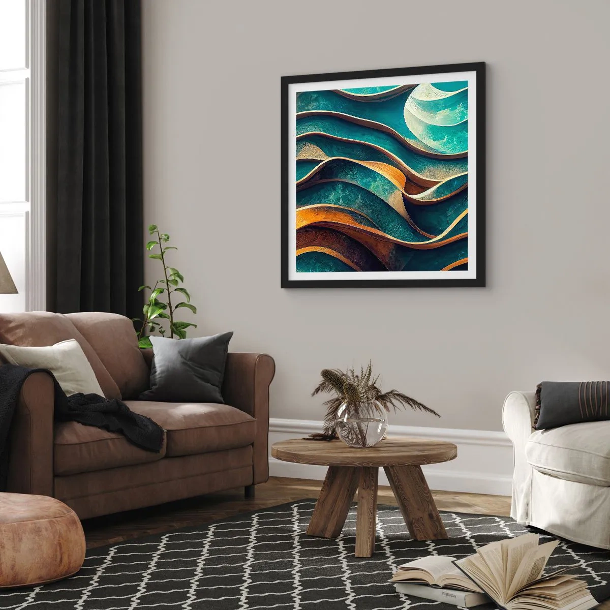 Plagát v čiernom ráme - Meandre modrej - 60x60 cm