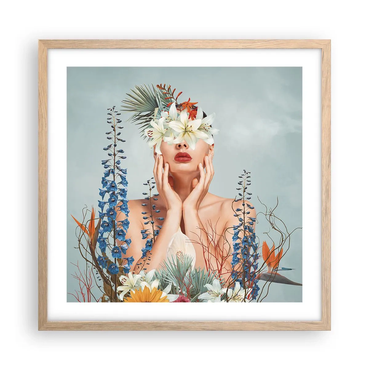 Plagát v ráme zo svetlého duba - Žena – kvetina - 50x50 cm