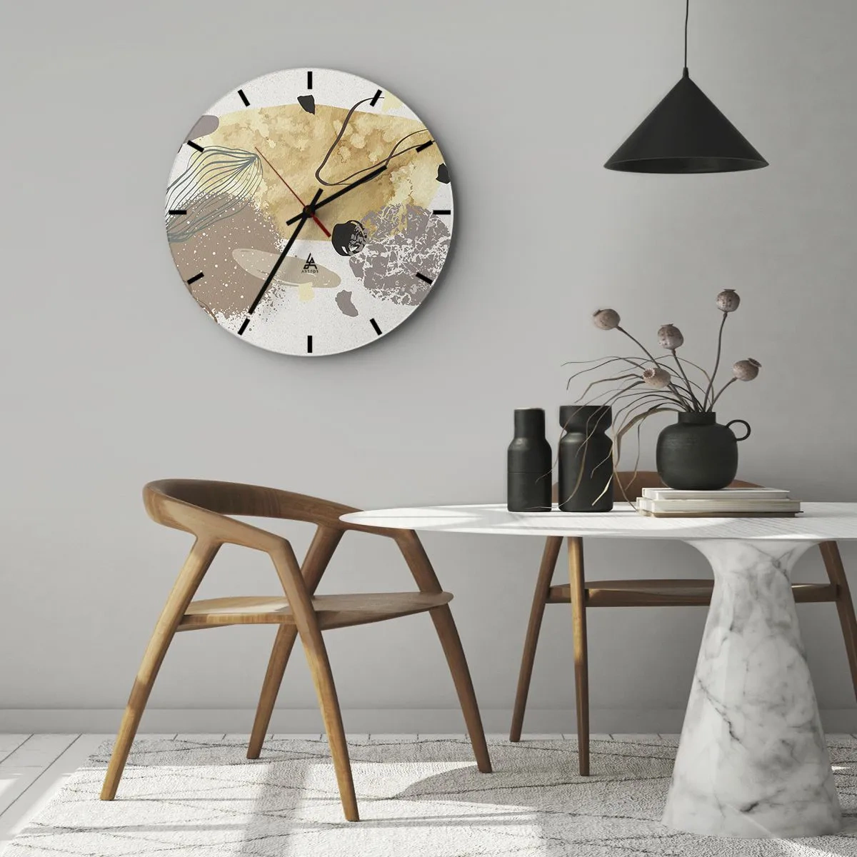 Nástenné hodiny - Umelecká abstrakcia v béžových a hnedých tónoch - 30x30cm - Abstraktná slivka - Moderná nástenná dekorácia do obývacej izby, kuchyne a spálne ARTTOR