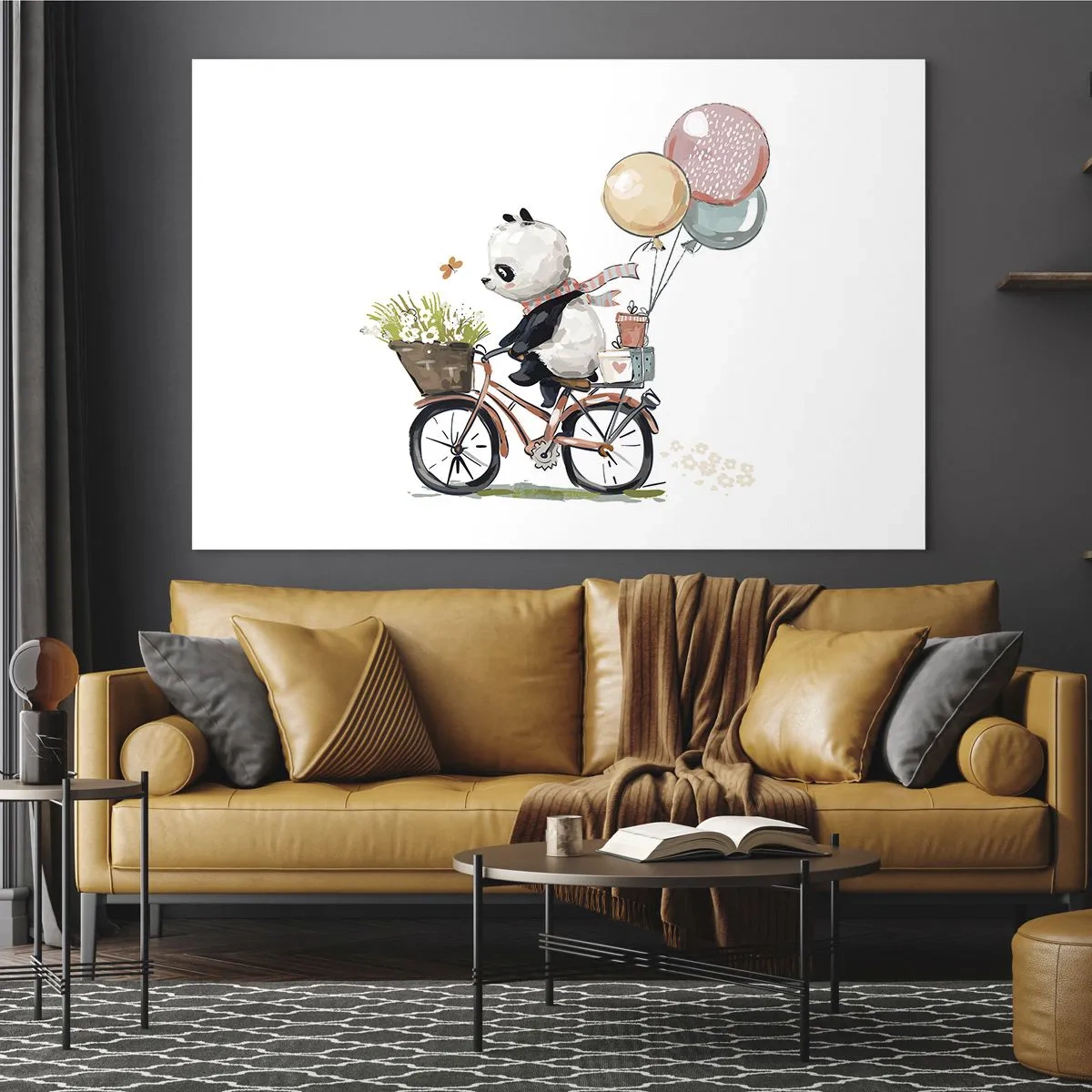 Obraz na skle - Panda jazdiaca na bicykli s balónmi a košíkom kvetov. - 70x50cm - Šťastný deň - Moderná nástenná dekorácia do obývacej izby a spálne ARTTOR