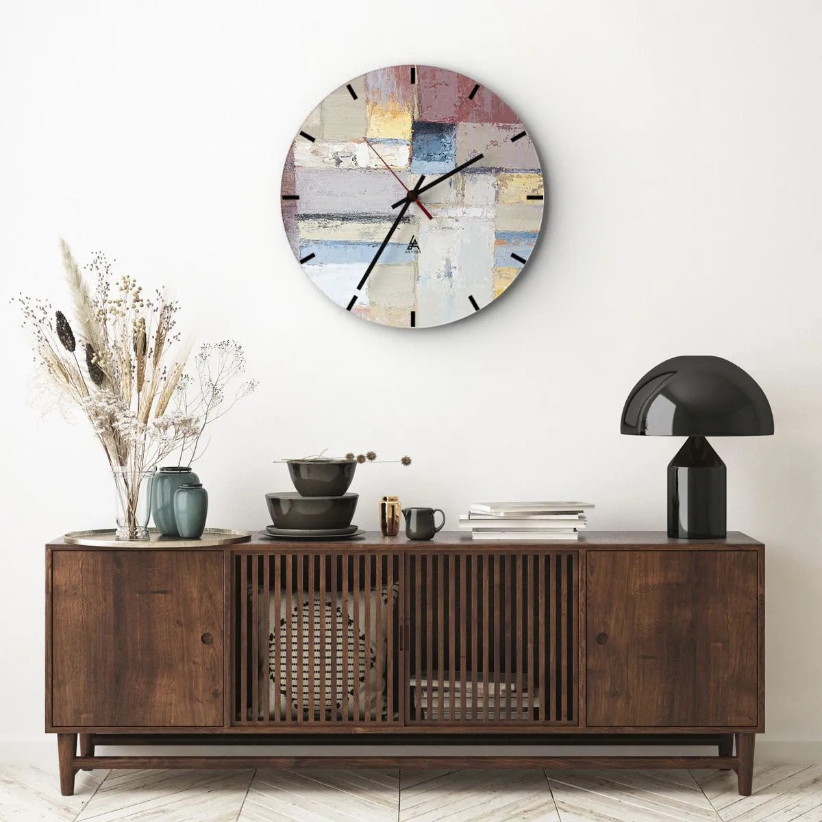 Nástenné hodiny - Abstraktná geometrická kompozícia v pastelových farbách - 30x30cm - Kľud geometrie - Moderná nástenná dekorácia do obývacej izby, kuchyne a spálne ARTTOR