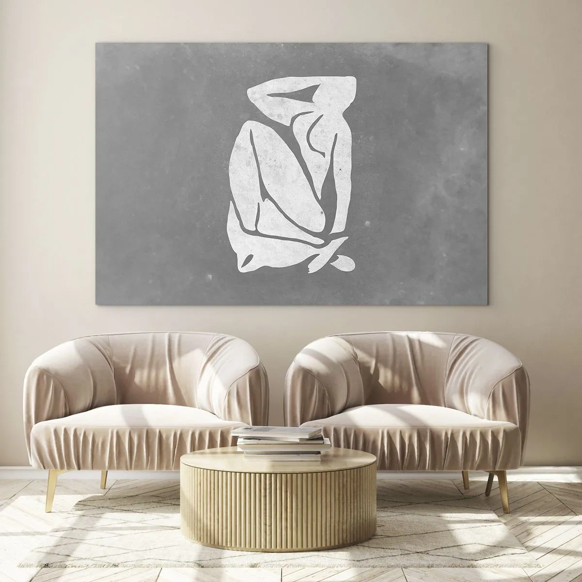 Obraz na skle - Minimalistická silueta ženy na sivom pozadí - 70x50cm - V zádumčivosti - Moderná nástenná dekorácia do obývacej izby a spálne ARTTOR