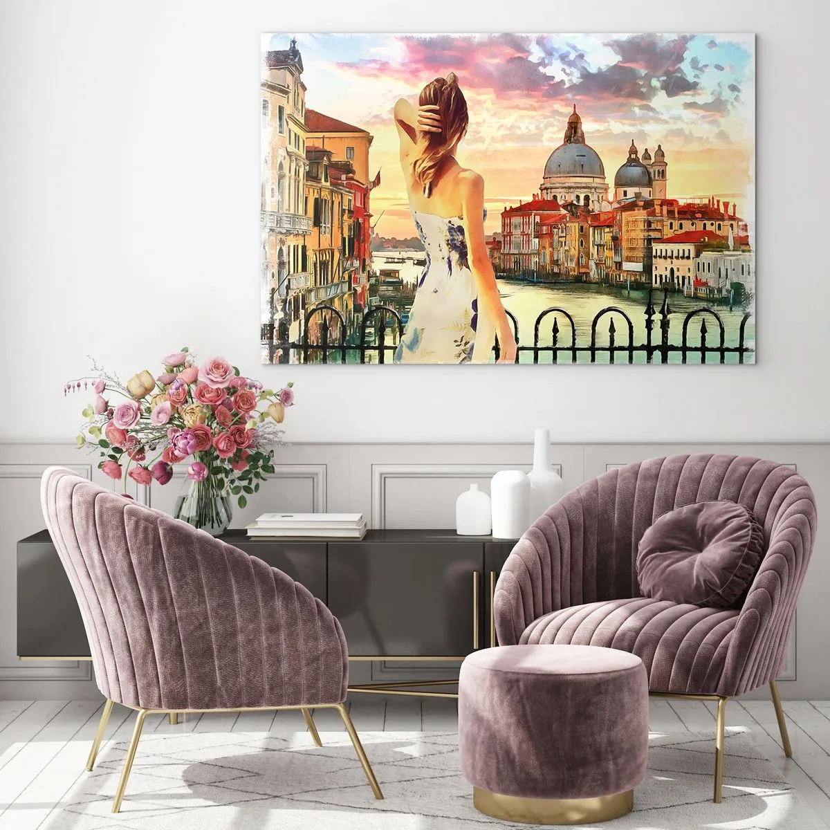 Obraz na skle - Žena obdivuje výhľad na Benátky pri západe slnka. - 70x50cm - Pokiaľ dobrodružstvo, tak len v… - Moderná nástenná dekorácia do obývacej izby a spálne ARTTOR