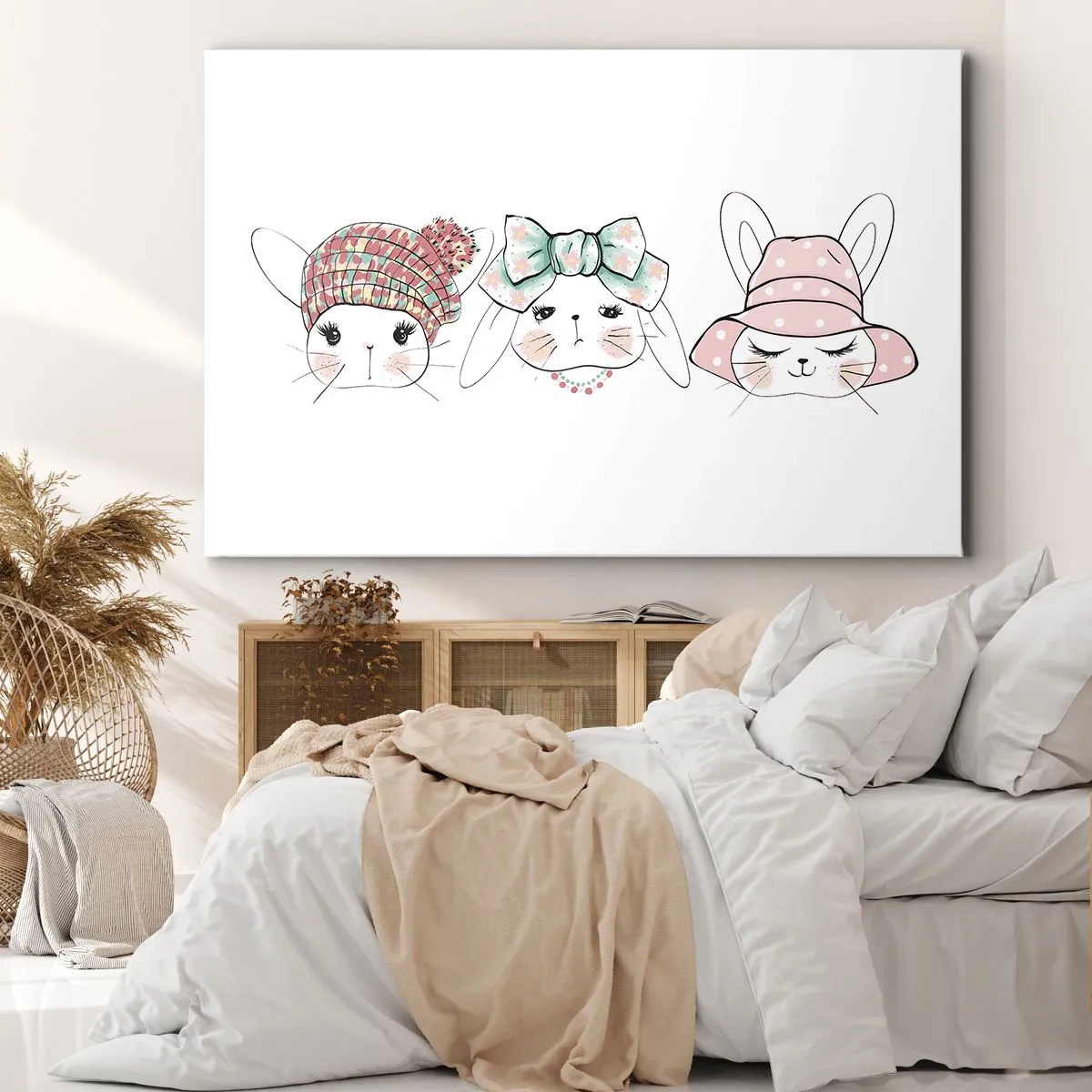 Obraz na plátne - Rozkošné zajačiky v pastelových pokrývkach hlavy - 70x50cm - Zamyslená, smutná, spokojná - Moderná nástenná dekorácia do obývacej izby a spálne ARTTOR