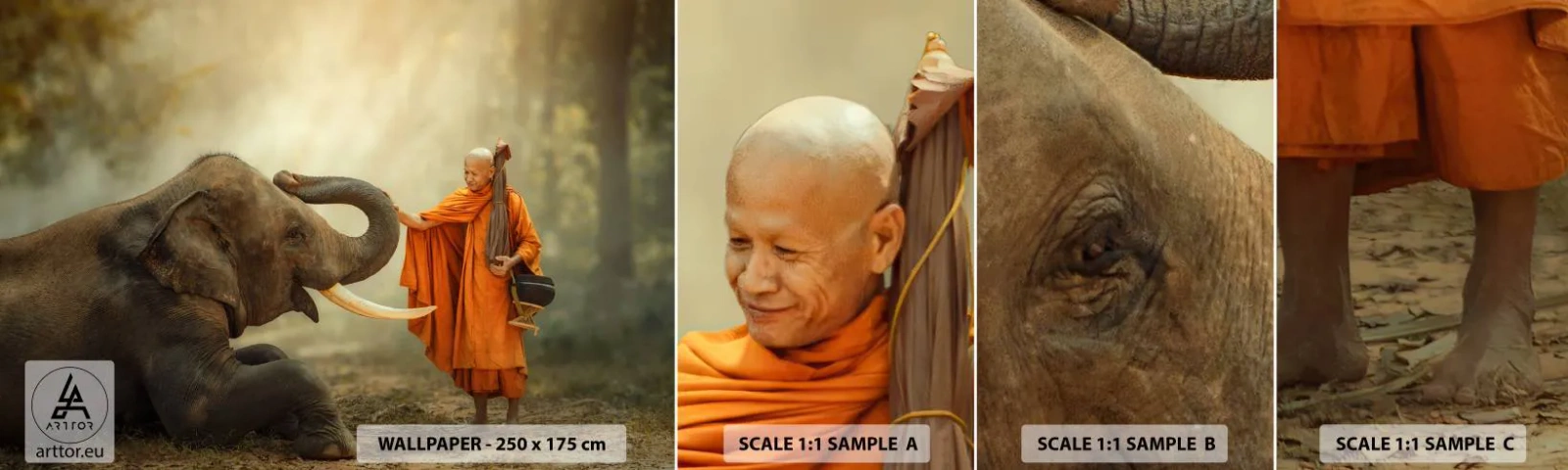 Vzorka Fototapeta Standard Eco - Stretnutie na cestách - Ázie, Slon, Monk - 100x30 cm