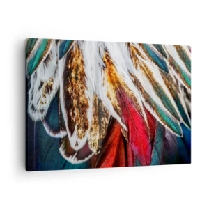 Obraz na plátne - Detailný záber viacfarebných pierok v žiarivých, intenzívnych farbách - 70x50cm - Tajomstvo letu - Moderná nástenná dekorácia do obývacej izby a spálne ARTTOR