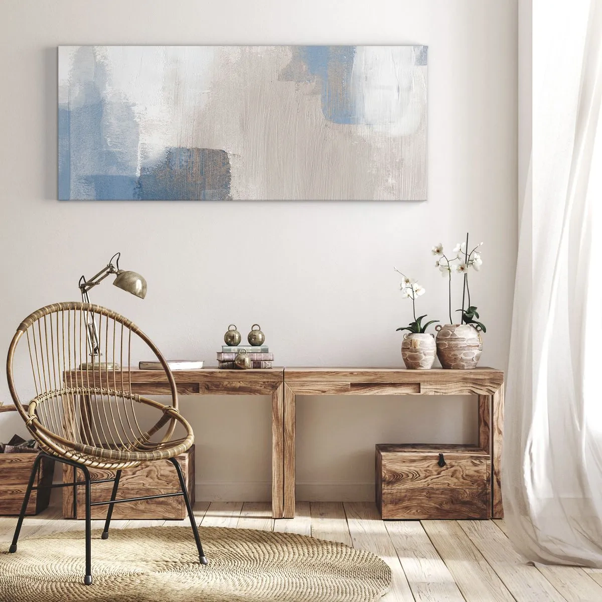 Obraz na plátne - Ružová abstrakcia za modrým závojom - 100x40 cm