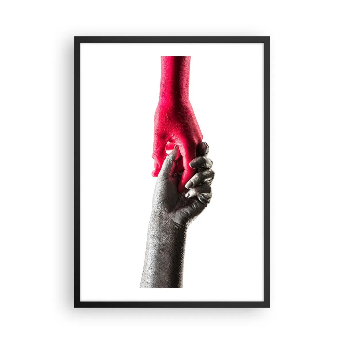 Plagát v čiernom ráme - Symbolické ruky v červenej a striebornej farbe na bielom pozadí - 50x70cm - Spolu aj keď sme odlišní - Moderná nástenná dekorácia do obývacej izby a spálne ARTTOR