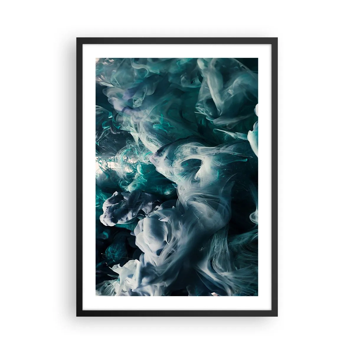 Plagát v čiernom ráme - Abstraktná kompozícia víriacich farieb v odtieňoch zelenej a modrej. - 50x70cm - Pohyb farby - Moderná nástenná dekorácia do obývacej izby a spálne ARTTOR