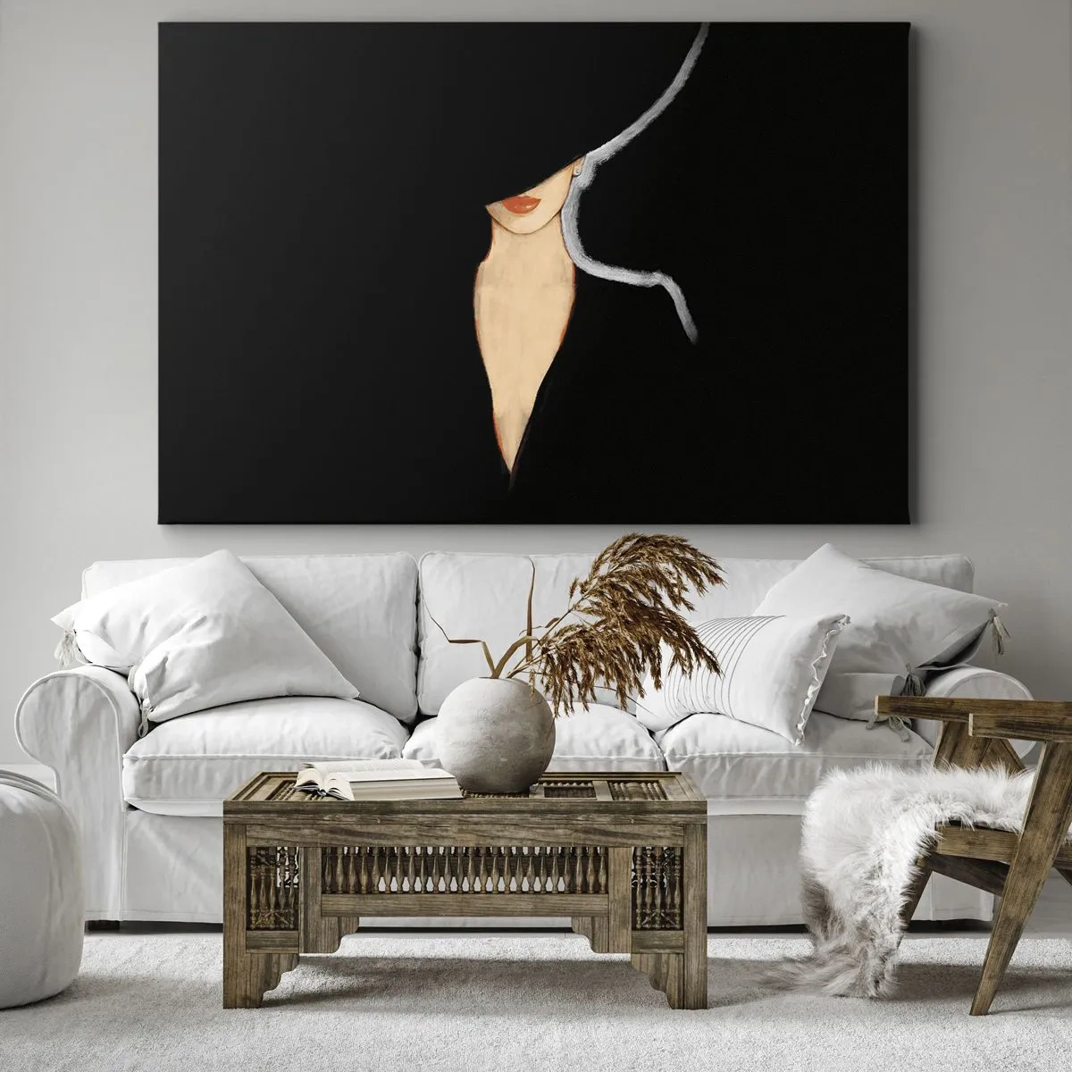 Obraz na plátne - Silueta ženy v klobúku na čiernom pozadí - 70x50cm - Elegancia a štýl - Moderná nástenná dekorácia do obývacej izby a spálne ARTTOR