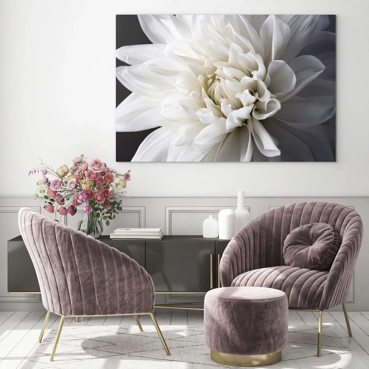 Obraz na skle - Detailný záber bielej dalie na čiernosivom pozadí - 70x50cm - Ráno s nevestou - Moderná nástenná dekorácia do obývacej izby a spálne ARTTOR