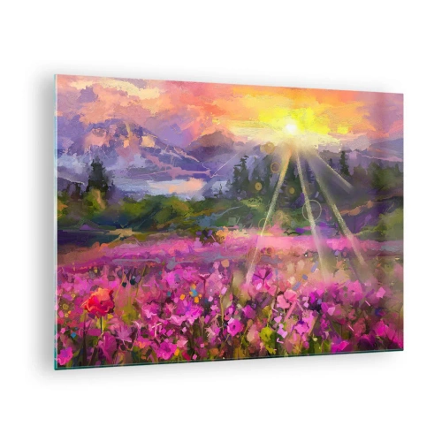 Obraz na skle - Malebné údolie plné kvetov osvetlených slnečnými lúčmi - 70x50cm - V údolí v starostlivosti slnka - Moderná nástenná dekorácia do obývacej izby a spálne ARTTOR