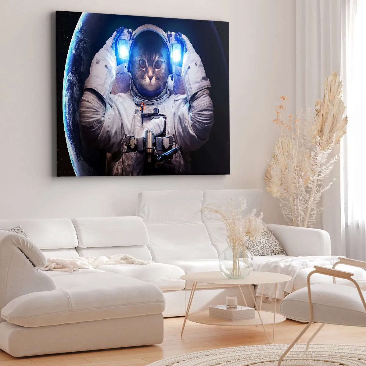 Obraz na plátne - Mačka v astronautickom obleku so Zemou v pozadí a jasným svetlom. - 70x50cm - Houston, máte problém - Moderná nástenná dekorácia do obývacej izby a spálne ARTTOR