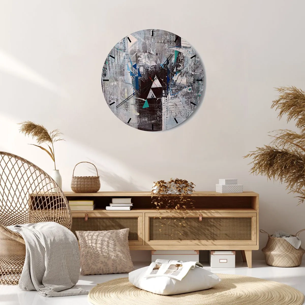 Nástenné hodiny - Abstraktný obraz v odtieňoch sivej a modrej - 30x30cm - Prednostné poradie trojuholníkov - Moderná nástenná dekorácia do obývacej izby, kuchyne a spálne ARTTOR