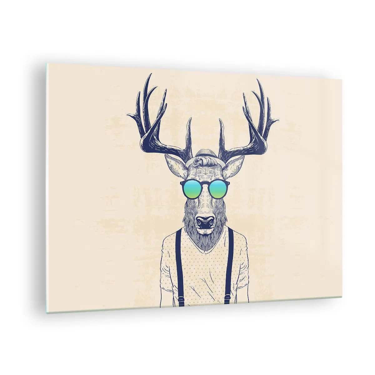 Obraz na skle - Elegantný jeleň v slnečných okuliaroch na svetlom pozadí - 70x50cm - A koho si čakal? - Moderná nástenná dekorácia do obývacej izby a spálne ARTTOR