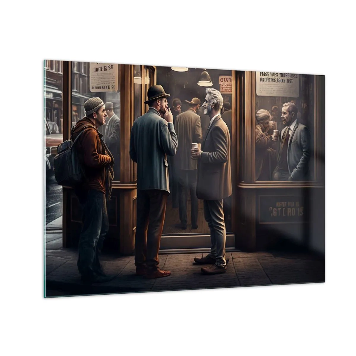 Obraz na skle - Muži sa rozprávajú pred kaviarňou v retro mestskom prostredí - 70x50cm - Dobrá chvíľa dňa - Moderná nástenná dekorácia do obývacej izby a spálne ARTTOR