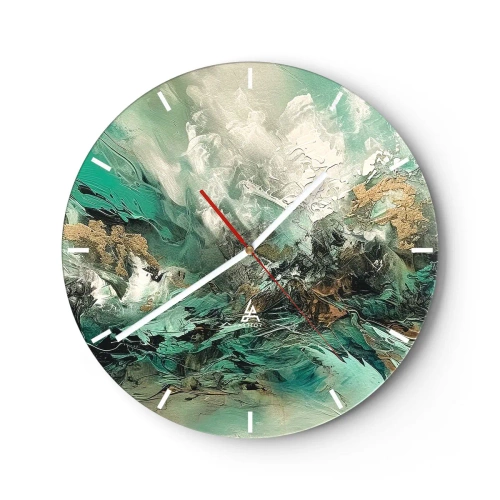 Nástenné hodiny - Dynamická abstrakcia v zelenej, bielej a zlatej farbe - 30x30cm - Smaragdovočierne vlnobitie - Moderná nástenná dekorácia do obývacej izby, kuchyne a spálne ARTTOR