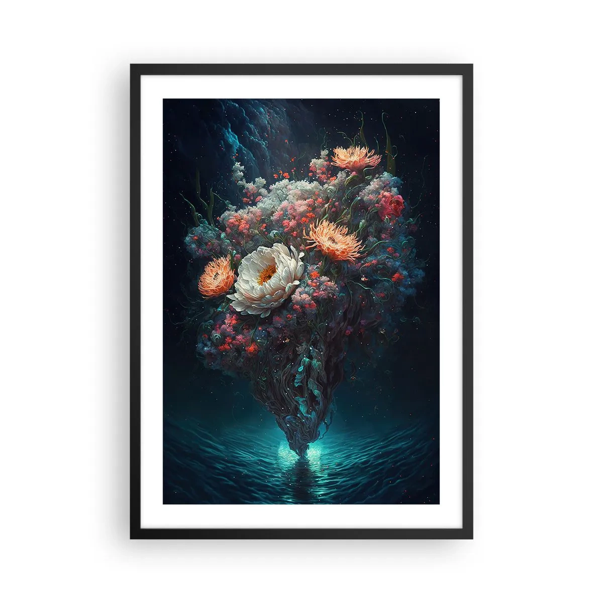 Plagát v čiernom ráme - Magické aranžmán kvetov plávajúcich nad vodou - 50x70cm - Podivná záhrada - Moderná nástenná dekorácia do obývacej izby a spálne ARTTOR