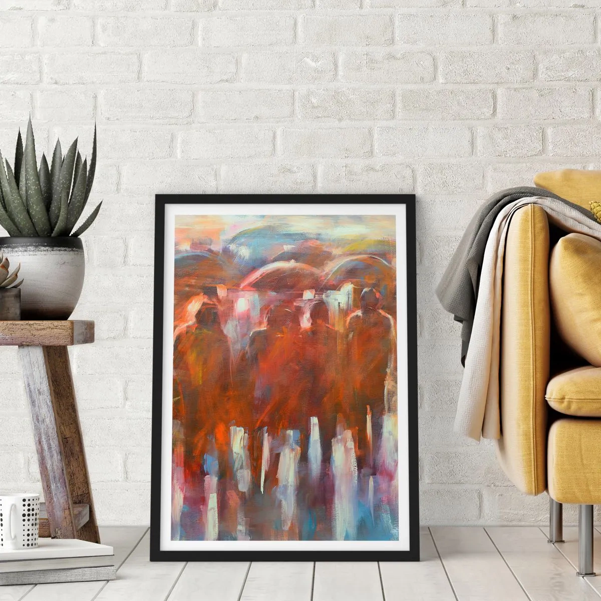 Plagát v čiernom ráme - Abstraktné postavy v teplých farebných tónoch - 50x70cm - Rovnocenní v daždi a hmle - Moderná nástenná dekorácia do obývacej izby a spálne ARTTOR