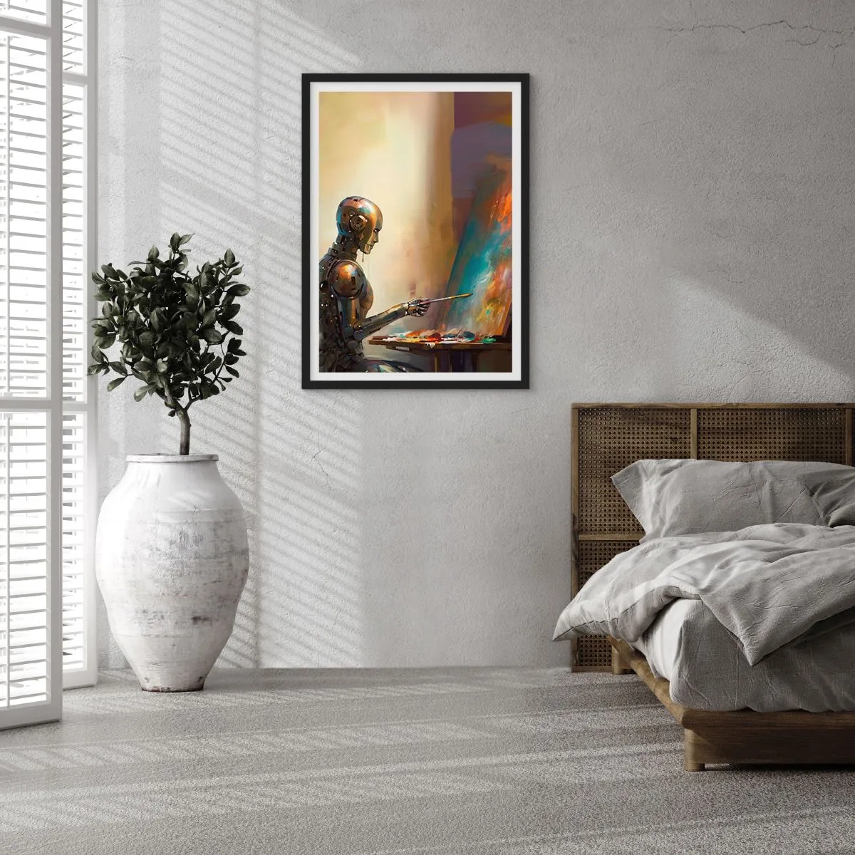 Plagát v čiernom ráme - Robotický maliar za stojanom vo futuristickom štýle - 50x70cm - Umenie budúcnosti - Moderná nástenná dekorácia do obývacej izby a spálne ARTTOR