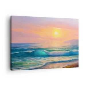Obraz na plátne - Morská krajina so západom slnka - 70x50cm - Tyrkysová pieseň vĺn - Moderná nástenná dekorácia do obývacej izby a spálne ARTTOR