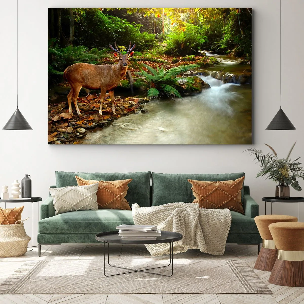 Obraz na plátne - Jeleň pri potoku obklopený zeleňou v lese - 70x50cm - Vítajte v mojom svete - Moderná nástenná dekorácia do obývacej izby a spálne ARTTOR