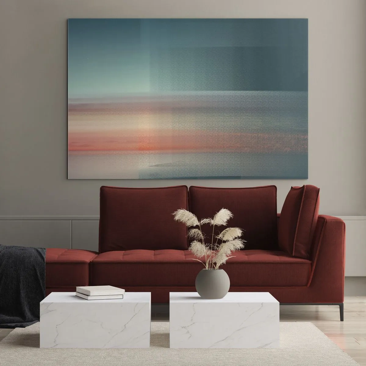 Obraz na skle - Pastelová abstrakcia pripomínajúca svetelné vlny pri západe slnka. - 70x50cm - Abstrakcia: vlny svetla - Moderná nástenná dekorácia do obývacej izby a spálne ARTTOR