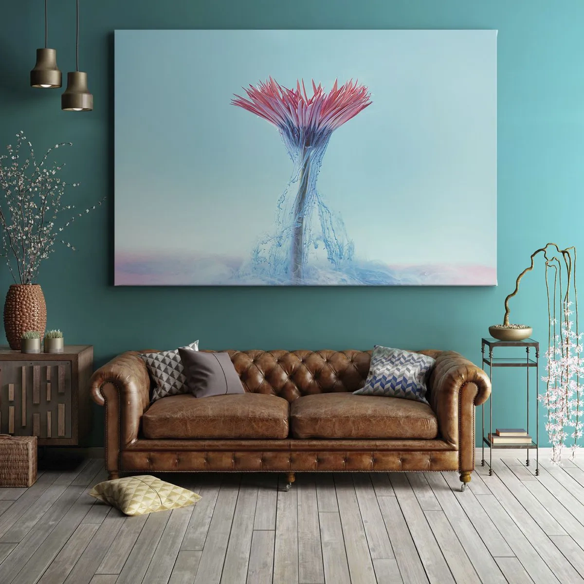 Obraz na plátne - Ružový a modrý kvet v umeleckom aranžmáne na pastelovom pozadí - 70x50cm - V osviežujúcom objatí - Moderná nástenná dekorácia do obývacej izby a spálne ARTTOR