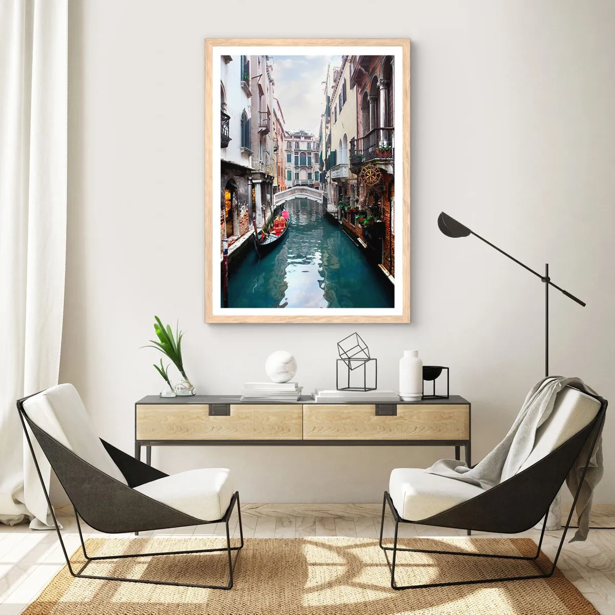 Plagát v ráme zo svetlého duba - Benátska krajina s gondolou a mostíkom - 30x40 cm