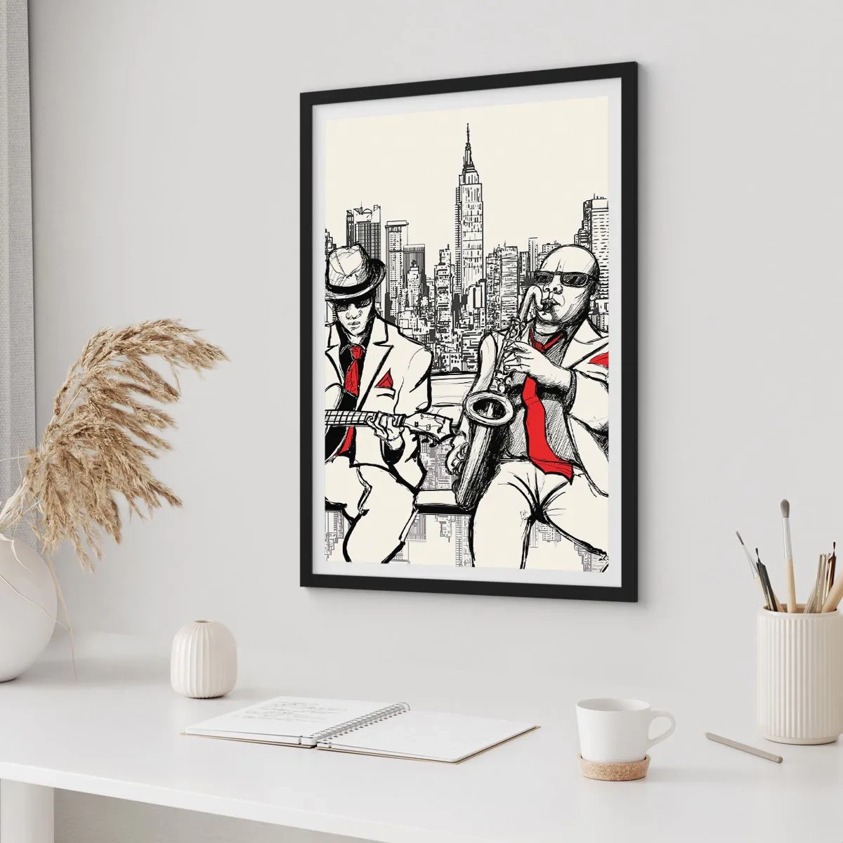 Plagát v čiernom ráme - Dvaja jazzoví hudobníci na pozadí panorámy mesta - 50x70cm - Newyorská improvizácia - Moderná nástenná dekorácia do obývacej izby a spálne ARTTOR