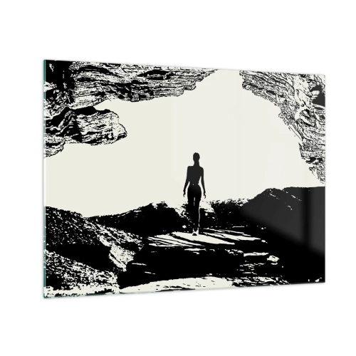 Obraz na skle - Silueta ženy vychádzajúcej z jaskyne v čiernobielej grafike - 70x50cm - Nový pohľad - Moderná nástenná dekorácia do obývacej izby a spálne ARTTOR