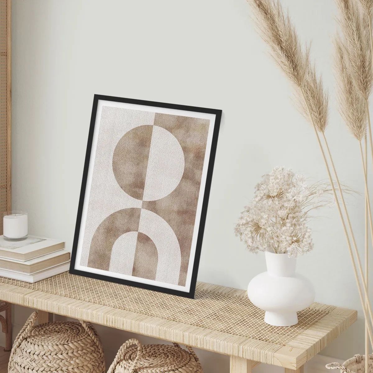 Plagát v čiernom ráme - Geometrická abstrakcia v teplých béžových odtieňoch - 50x70cm - Podobnosti a rozdiely - Moderná nástenná dekorácia do obývacej izby a spálne ARTTOR