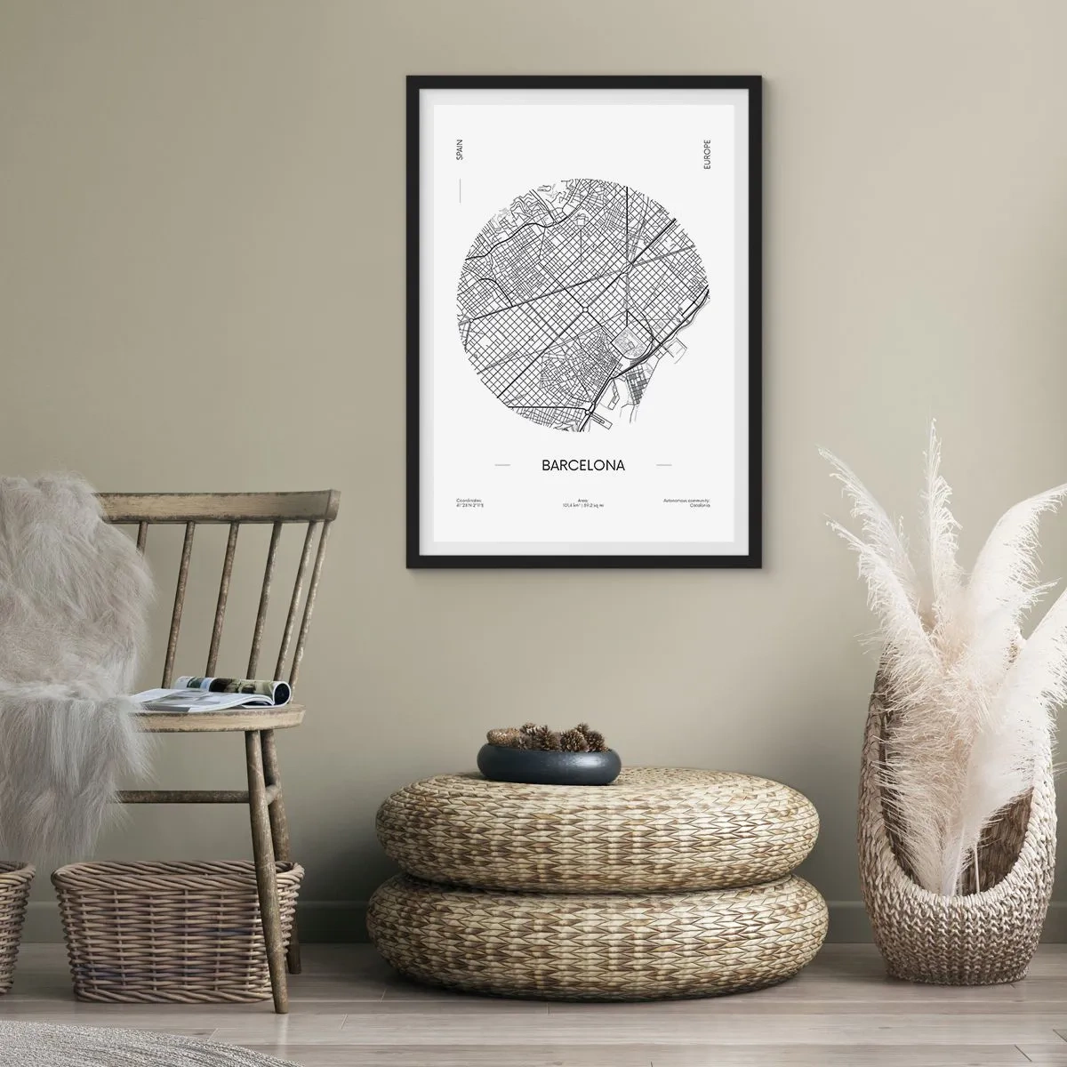 Plagát v čiernom ráme - Minimalistická mapa Barcelony v čiernobielej farbe. - 50x70cm - Anatómia Barcelony - Moderná nástenná dekorácia do obývacej izby a spálne ARTTOR