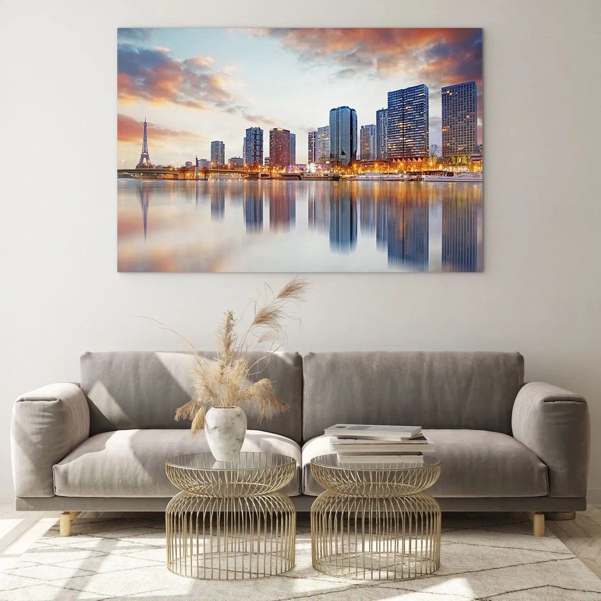 Obraz na skle - Panoráma Paríža s Eiffelovou vežou a modernými budovami za súmraku - 70x50cm - Monumentálny pokoj Paríža - Moderná nástenná dekorácia do obývacej izby a spálne ARTTOR