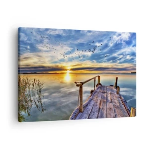 Obraz na plátne - Drevené mólo nad jazerom pri západe slnka - 70x50cm - Vietor ide odpočívať - Moderná nástenná dekorácia do obývacej izby a spálne ARTTOR