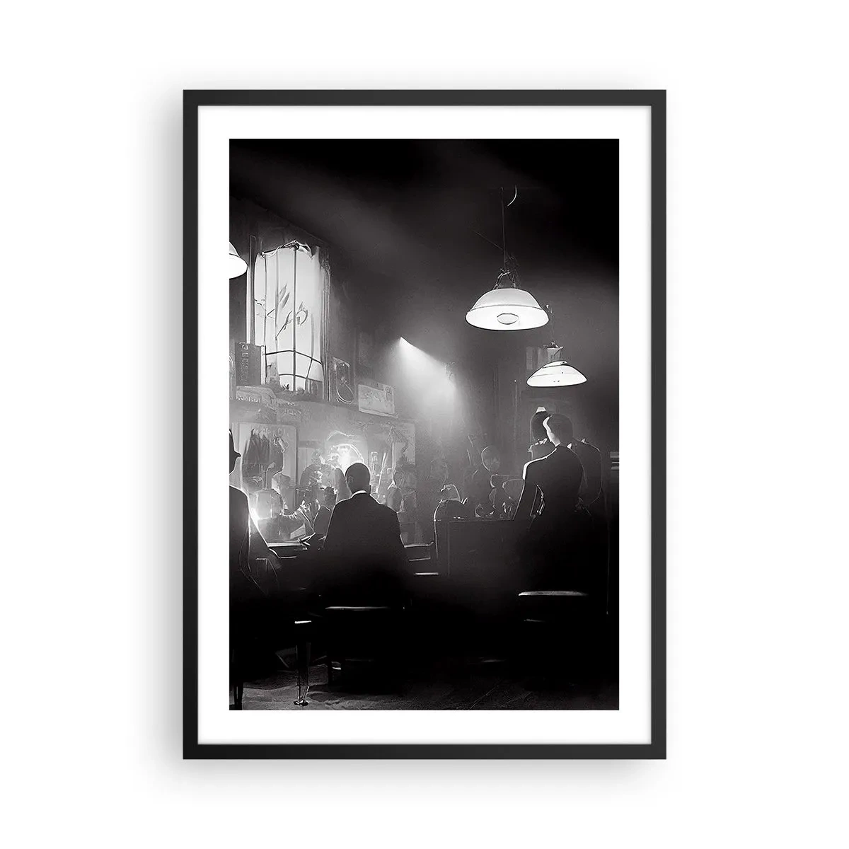 Plagát v čiernom ráme - Čiernobiela scéna z atmosférického jazzového nočného klubu - 50x70cm - V jazzovej atmosfére - Moderná nástenná dekorácia do obývacej izby a spálne ARTTOR