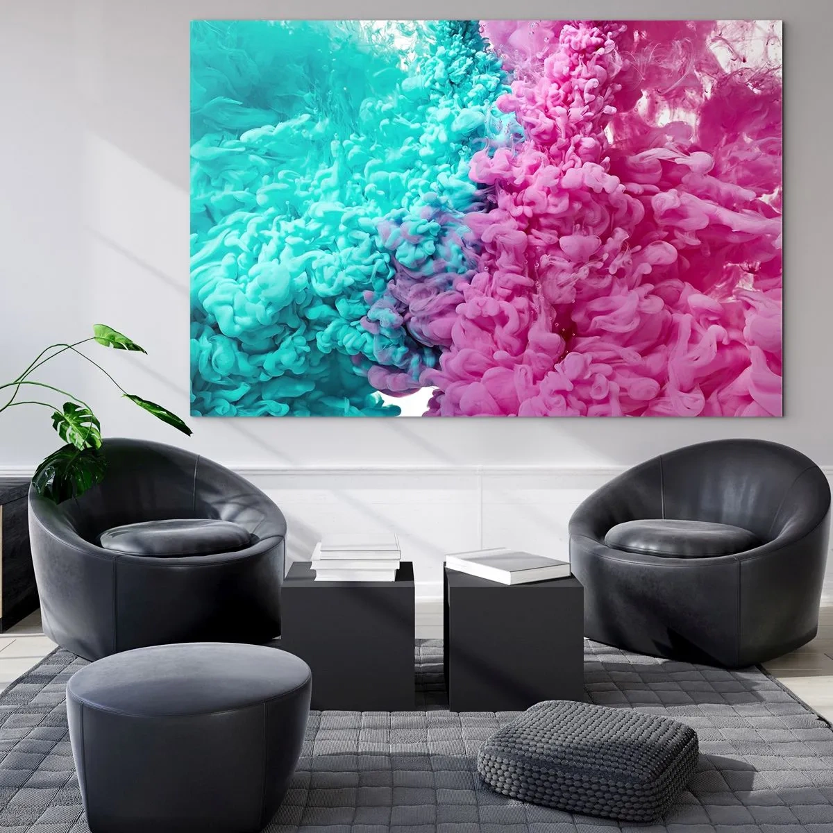 Obraz na skle - Farebné atramentové oblaky v ružovej a tyrkysovej farbe - 70x50cm - Rozhodujúci stret - Moderná nástenná dekorácia do obývacej izby a spálne ARTTOR